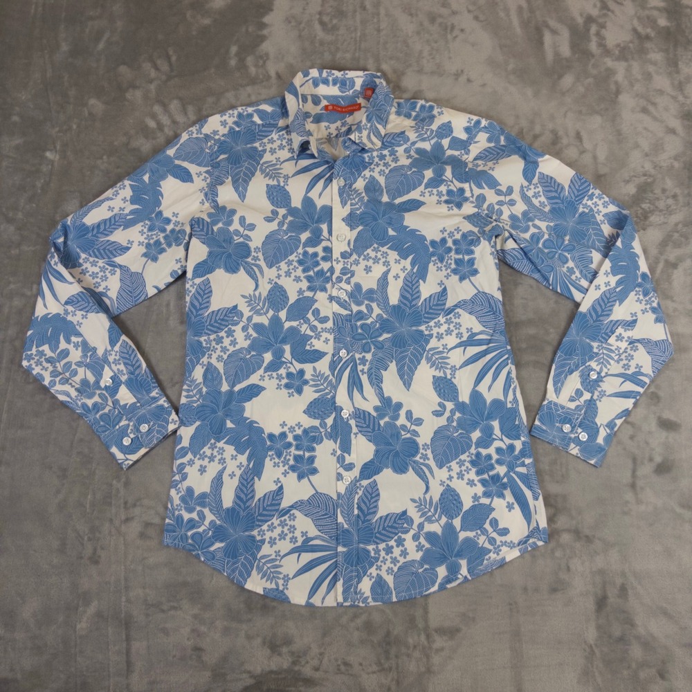 Tori Richard Button Down Shirt Mens Small Blue White Tropical Floral Long Sleeve